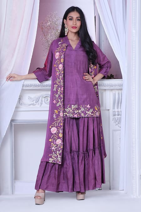 Buy Sunita Nagi Purple Sabarmati Georgette Embroidered Thread Jacket Open Sharara Set Online at Aza Fashions Buy_Sunita Nagi_Purple Sabarmati Georgette Embroidered Thread Jacket Open Sharara Set _Online_at_Aza_Fashions