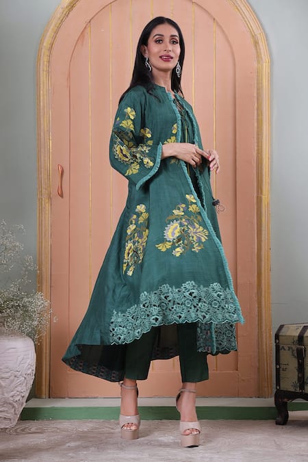 Buy Sunita Nagi Green Dupion Silk Embroidered Cross Stitch Thread And Crochet Floral Pant Set Online at Aza Fashions Buy_Sunita Nagi_Green Dupion Silk Embroidered Cross Stitch Thread And Crochet Floral Pant Set _Online_at_Aza_Fashions