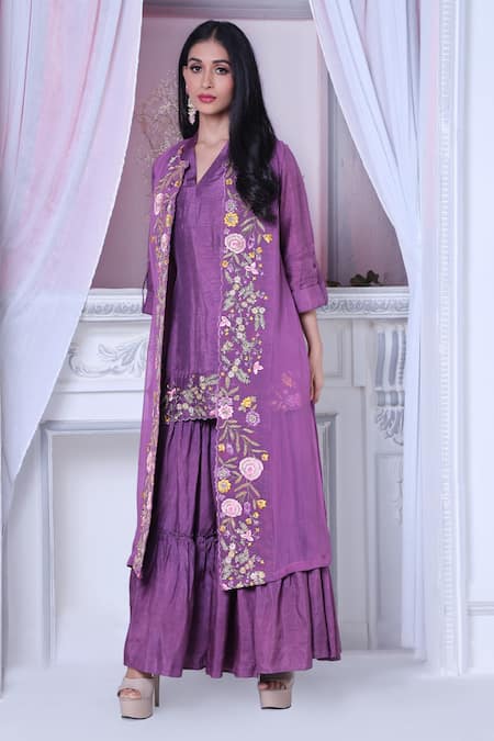 Sunita Nagi Purple Sabarmati Georgette Embroidered Thread Jacket Open Sharara Set at Aza Fashions Sunita Nagi_Purple Sabarmati Georgette Embroidered Thread Jacket Open Sharara Set _at_Aza_Fashions