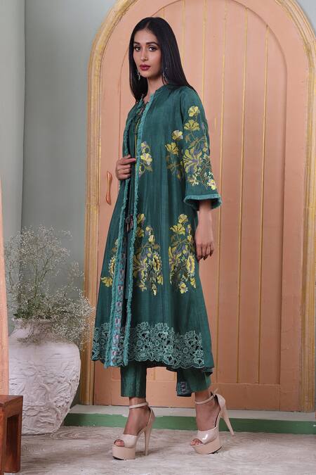 Shop Sunita Nagi Green Dupion Silk Embroidered Cross Stitch Thread And Crochet Floral Pant Set Online at Aza Fashions Shop_Sunita Nagi_Green Dupion Silk Embroidered Cross Stitch Thread And Crochet Floral Pant Set _Online_at_Aza_Fashions