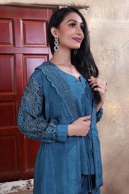 Buy Sunita Nagi Blue Dupion Embroidered Cross Stitch Thread And Crochet Cut Balloon Pant Set Online at Aza Fashions Buy_Sunita Nagi_Blue Dupion Embroidered Cross Stitch Thread And Crochet Cut Balloon Pant Set _Online_at_Aza_Fashions