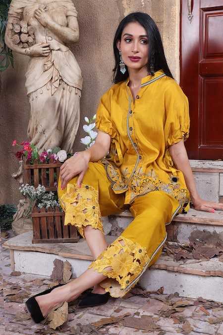 Buy_Sunita Nagi_Yellow Dupion Silk Embroidered Cross Stitch Thread Placement Top And Pant Set _Online_at_Aza_Fashions