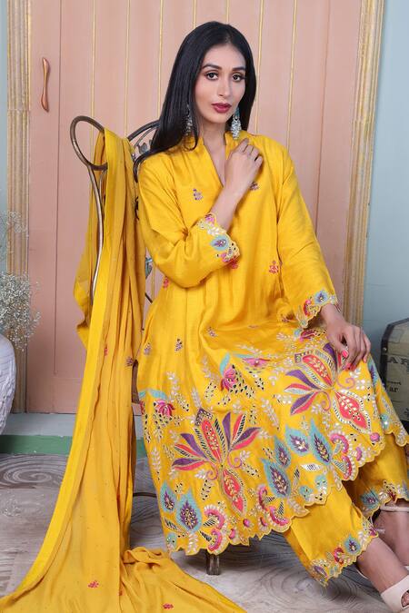 Sunita Nagi Yellow Dupion Embroidered Leather Notched Floral Applique Anarkali Palazzo Set Online at Aza Fashions Sunita Nagi_Yellow Dupion Embroidered Leather Notched Floral Applique Anarkali Palazzo Set _Online_at_Aza_Fashions