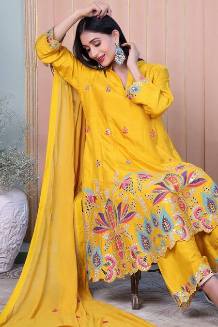 Buy Sunita Nagi Yellow Dupion Embroidered Leather Notched Floral Applique Anarkali Palazzo Set Online at Aza Fashions Buy_Sunita Nagi_Yellow Dupion Embroidered Leather Notched Floral Applique Anarkali Palazzo Set _Online_at_Aza_Fashions