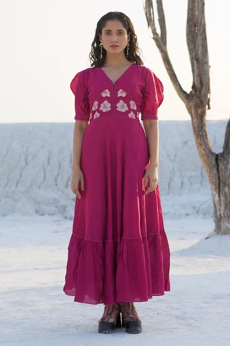 Buy_The Loom Art_Pink Chanderi Silk Embroidery V-neck V Dress _Online_at_Aza_Fashions