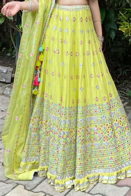 Gopi Vaid_Yellow Blouse And Lehenga Cotton Silk Cape Applique Embroidered Bridal Set _Online_at_Aza_Fashions