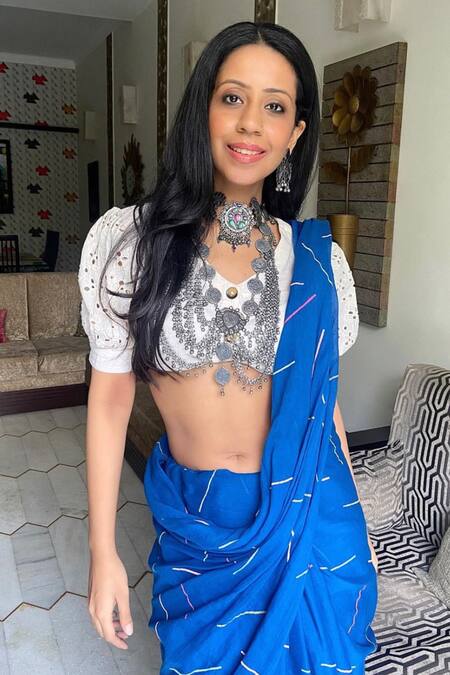 Buy_Banana Labs_Blue Cotton Print Sprinkle Hand Block Saree_Online_at_Aza_Fashions