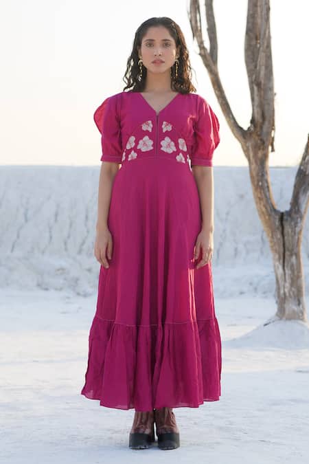 Shop_The Loom Art_Pink Chanderi Silk Embroidery V-neck V Dress _Online_at_Aza_Fashions