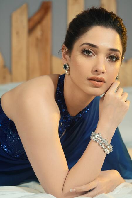 Babita Malkani_Blue Organza, Crepe Halter Ruffle Saree Gown With Neck Blouse _at_Aza_Fashions