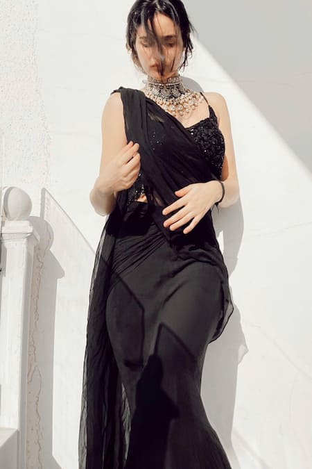 Shop_Premya By Manishii_Black Tulle, Georgette V Neck Pre-draped Saree With Embellished Bustier _Online_at_Aza_Fashions