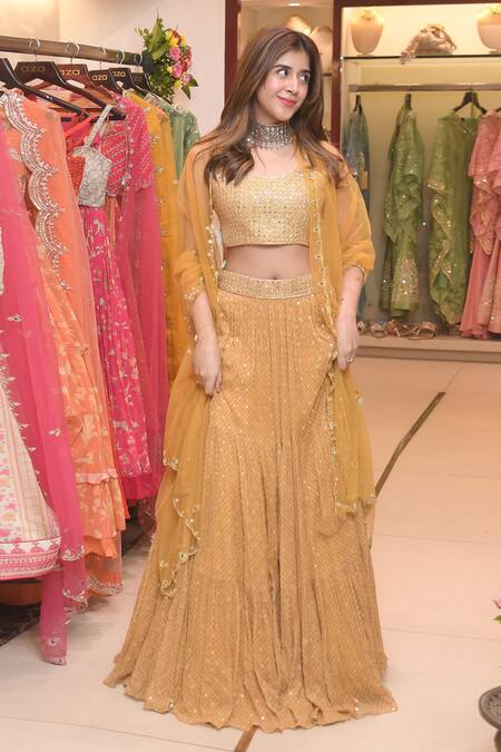 Buy Paulmi And Harsh Yellow Chiffon, Crepe And Net Mirror, Resham, Sequin, Flame Layered Lehenga Set at Aza Fashions Buy_Paulmi And Harsh_Yellow Chiffon, Crepe And Net Mirror, Resham, Sequin, Flame Layered Lehenga Set_at_Aza_Fashions