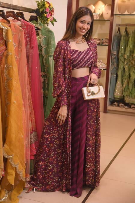 Shop Paulmi And Harsh Purple Georgette Floral Motifs V Neck Print Jacket And Pant Set Shop_Paulmi And Harsh_Purple Georgette Floral Motifs V Neck Print Jacket And Pant Set