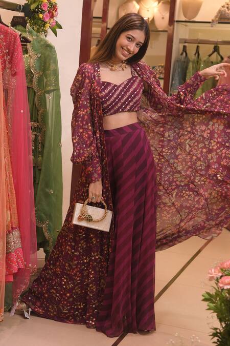Shop Paulmi And Harsh Purple Georgette Floral Motifs V Neck Print Jacket And Pant Set Online at Aza Fashions Shop_Paulmi And Harsh_Purple Georgette Floral Motifs V Neck Print Jacket And Pant Set_Online_at_Aza_Fashions