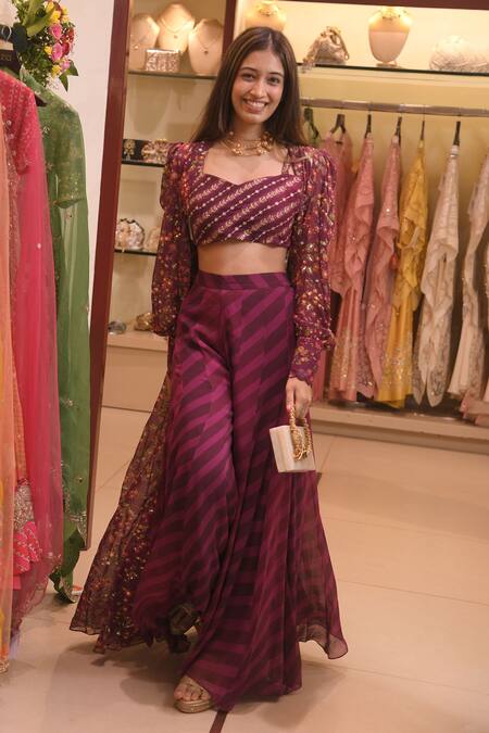 Paulmi And Harsh Purple Georgette Floral Motifs V Neck Print Jacket And Pant Set at Aza Fashions Paulmi And Harsh_Purple Georgette Floral Motifs V Neck Print Jacket And Pant Set_at_Aza_Fashions