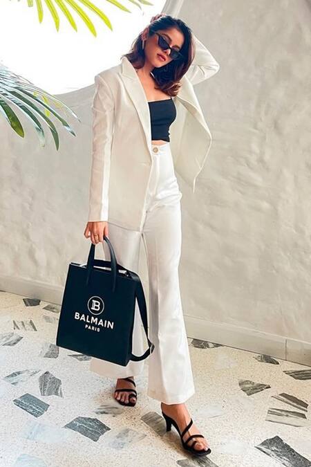 Torqadorn White Crepe Lapel Collar Solid Blazer at Aza Fashions Torqadorn_White Crepe Lapel Collar Solid Blazer _at_Aza_Fashions