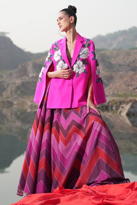 Buy_Neiza By Neeti Seth_Fuchsia Floral Moti Embroidered Cashmere Wool Cape _Online_at_Aza_Fashions