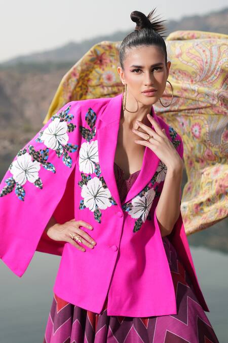Neiza By Neeti Seth_Fuchsia Floral Moti Embroidered Cashmere Wool Cape _Online_at_Aza_Fashions