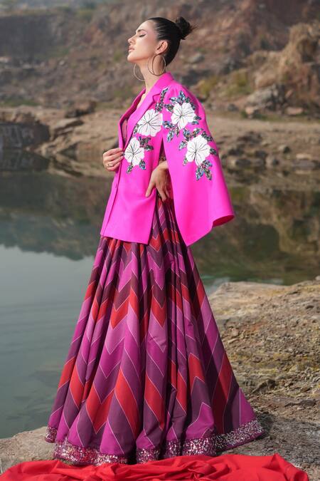 Shop_Neiza By Neeti Seth_Fuchsia Floral Moti Embroidered Cashmere Wool Cape _Online_at_Aza_Fashions