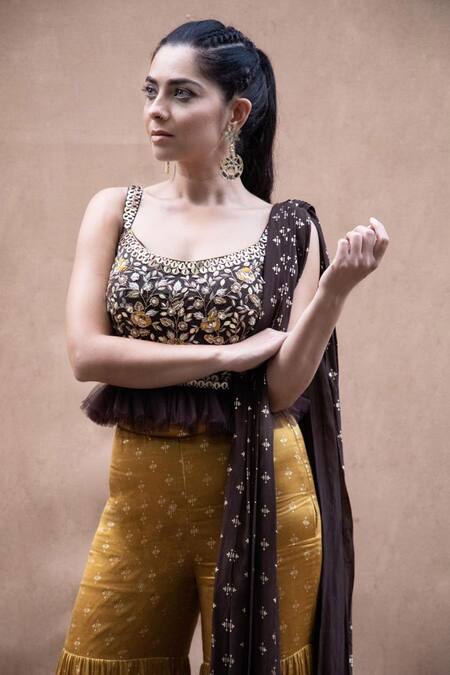 Shop Salian By Anushree Yellow Modal Satin Round Foil Printed Sharara Set Online at Aza Fashions Shop_Salian By Anushree_Yellow Modal Satin Round Foil Printed Sharara Set_Online_at_Aza_Fashions