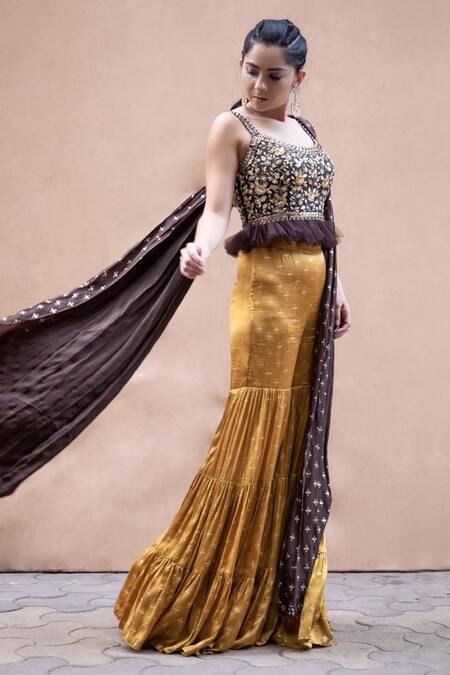 Buy Salian By Anushree Yellow Modal Satin Round Foil Printed Sharara Set Online at Aza Fashions Buy_Salian By Anushree_Yellow Modal Satin Round Foil Printed Sharara Set_Online_at_Aza_Fashions