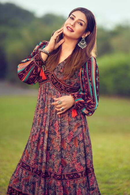 Shop_Verb By Pallavi Singhee_Multi Color Viscose Georgette V Neck Floral Print Dress_Online_at_Aza_Fashions