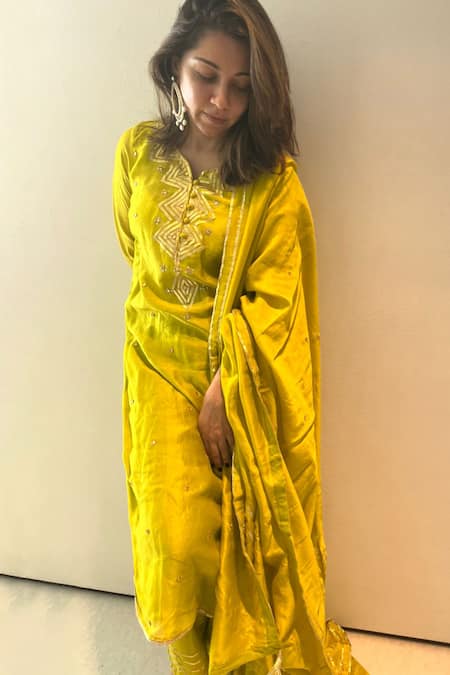 Buy_Maison Shefali_Green Cotton, Chanderi Silk Gota Patti Round Work Kurta Palazzo Set 