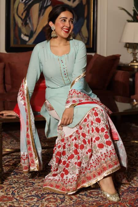 Shop Maison Shefali Green Cotton, Chiffon Round Kurta Set Online at Aza Fashions Shop_Maison Shefali_Green Cotton, Chiffon Round Kurta Set _Online_at_Aza_Fashions