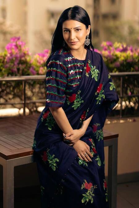 Shop_Label Earthen_Blue Chanderi Silk Embroidery Round Neck Phool Pathi Saree With Blouse _Online_at_Aza_Fashions