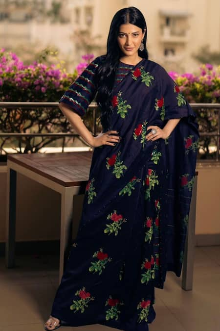 Slub Linen Batik Print Saree Ink Blue Color with running blouse-Indiehaat –  Indiehaat.com