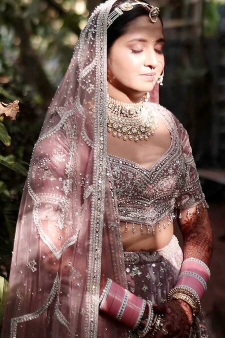 Matsya_Pink Velvet Antelope And Crane The French Rose Tales Of Masai Bridal Lehenga Set _at_Aza_Fashions