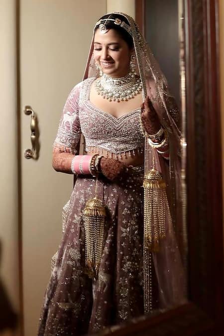 Buy_Matsya_Pink Velvet Antelope And Crane The French Rose Tales Of Masai Bridal Lehenga Set 