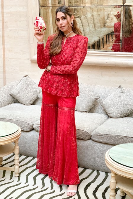 Ritika Mirchandani_Red Net, Crepe Silk Round Embroidered Kurta And Sharara Set _Online_at_Aza_Fashions