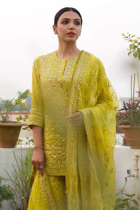 Archana Jaju_Yellow Handwoven Chanderi, Organza Silk Mirror Round Work Kurta Sharara Set_at_Aza_Fashions