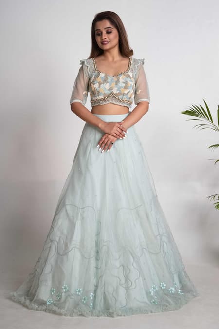 Buy Merge Design Blue Net, Organza, Chiffon Embroidery, Pearls, Sequins Sweetheart Lehenga Set Buy_Merge Design_Blue Net, Organza, Chiffon Embroidery, Pearls, Sequins Sweetheart Lehenga Set