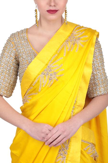 Buy_Nikasha_Yellow Satin Silk Leaf Neck Embroidered Saree With Blouse _Online_at_Aza_Fashions