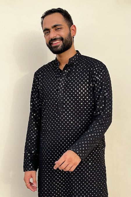 Hilo Design_Black Georgette Mirror Kurta For Kids_at_Aza_Fashions