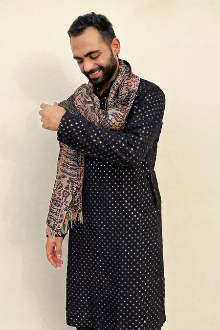 Shop_Hilo Design_Black Georgette Mirror Kurta For Kids_Online_at_Aza_Fashions