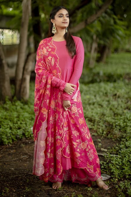 Paulmi and Harsh Pink Cotton Silk And Embroidery Floral & Sequin Anarkali Palazzo Set 