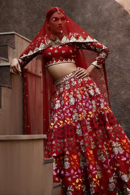 Ahanthem By Reena_Red Raw Silk Sequin, Thread Work V Neck Floral Embroidered Bridal Lehenga Set_at_Aza_Fashions