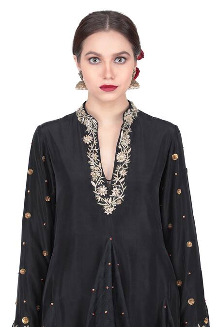 Shop_Nikasha_Black Silk, Velvet, Jamdani Dobby Mandarin Collar Embroidered Kurta Dhoti Set _Online_at_Aza_Fashions