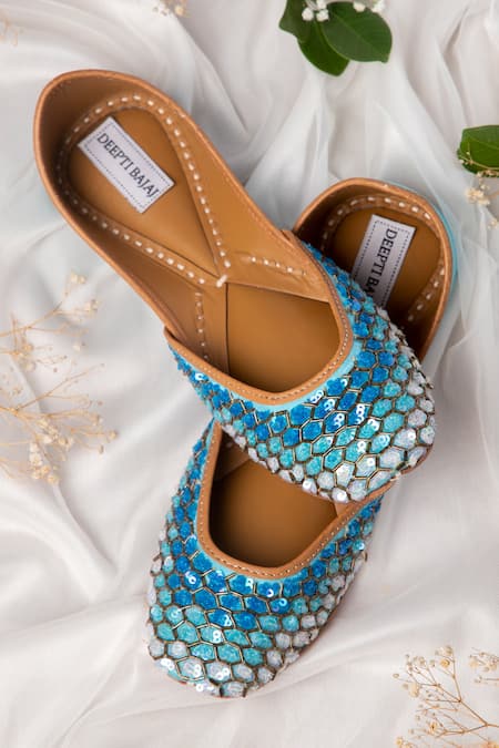 Shop Label Deepti Bajaj Blue Embroidered Juttis at Aza Fashions Shop_Label Deepti Bajaj_Blue Embroidered Juttis _at_Aza_Fashions
