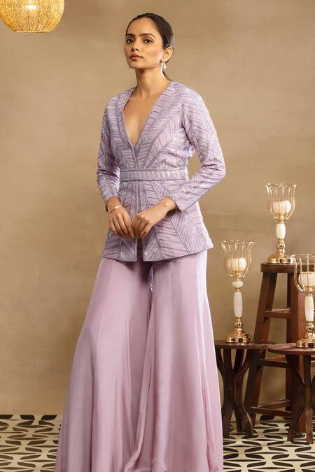 Buy Isha & Shreya Purple Silk Crepe Sequins, Cut Dana Plunge Raina Embellished Jacket Sharara Set Online at Aza Fashions Buy_Isha & Shreya_Purple Silk Crepe Sequins, Cut Dana Plunge Raina Embellished Jacket Sharara Set_Online_at_Aza_Fashions