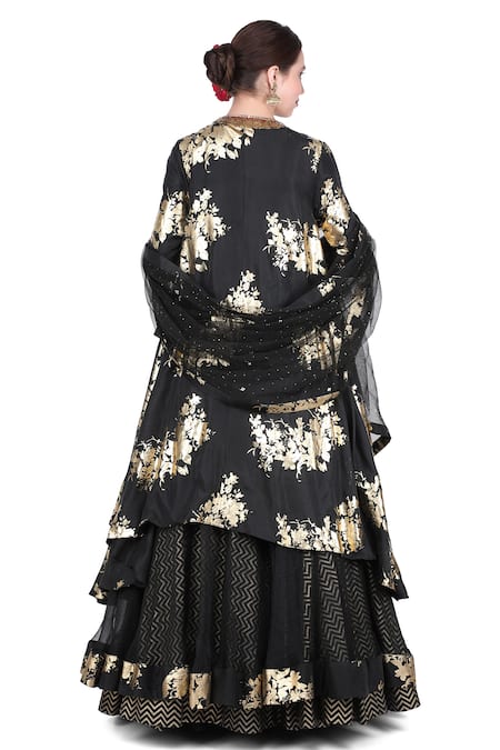 Shop Nikasha Black Silk, Organza, Net, Cambic V Neck Kurta Lehenga Set at Aza Fashions Shop_Nikasha_Black Silk, Organza, Net, Cambic V Neck Kurta Lehenga Set _at_Aza_Fashions