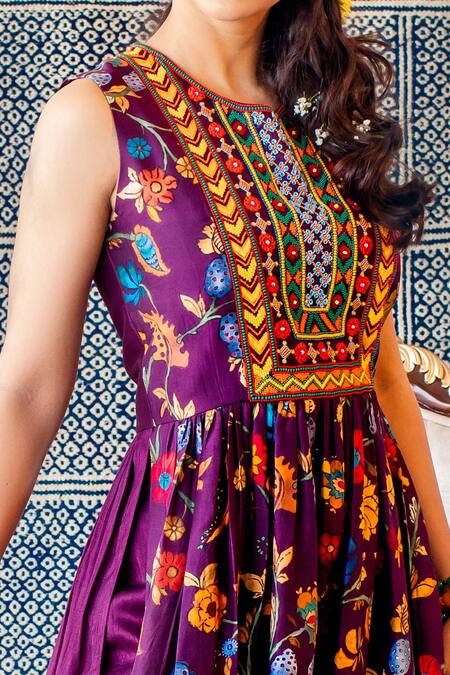 Shachi Sood_Purple Dupion Silk Kalamkari Print, Sequins And Beads Gathered Kurta Set _Online_at_Aza_Fashions