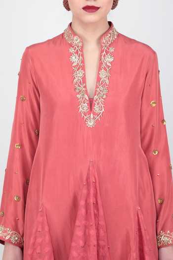 Buy_Nikasha_Pink Silk, Velvet, Jamdani Dobby Mandarin Collar Embroidered Kurta Dhoti Set _Online_at_Aza_Fashions