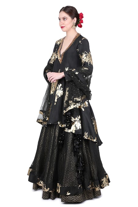 Nikasha Black Silk, Organza, Net, Cambic V Neck Kurta Lehenga Set Online at Aza Fashions Nikasha_Black Silk, Organza, Net, Cambic V Neck Kurta Lehenga Set _Online_at_Aza_Fashions