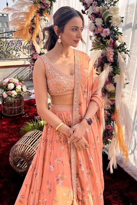 Shop Sana Barreja Peach Georgette Magnolia V Neck Nora Printed Lehenga Set Online at Aza Fashions Shop_Sana Barreja_Peach Georgette Magnolia V Neck Nora Printed Lehenga Set_Online_at_Aza_Fashions