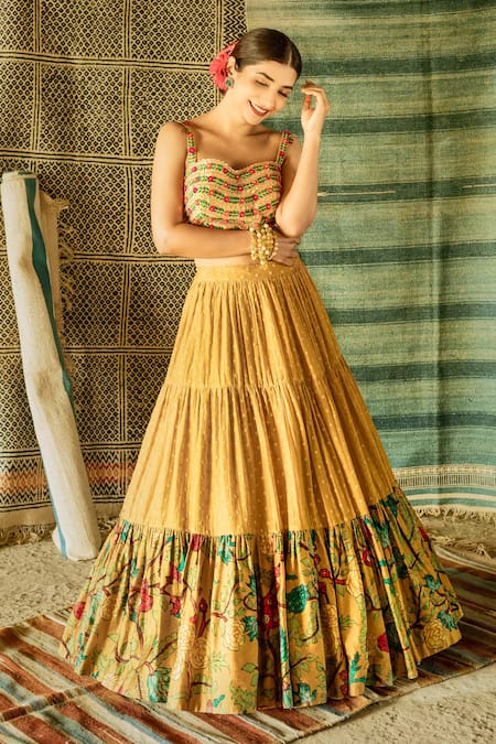 Shachi Sood Yellow Chanderi Silk Blouse Fine Chanderi, Lehenga Dupion Tiered And Set Online at Aza Fashions Shachi Sood_Yellow Chanderi Silk Blouse Fine Chanderi, Lehenga Dupion Tiered And Set _Online_at_Aza_Fashions