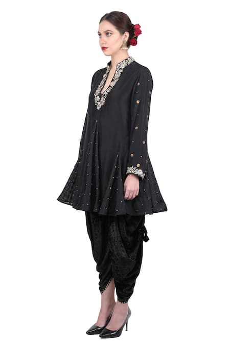Buy_Nikasha_Black Silk, Velvet, Jamdani Dobby Mandarin Collar Embroidered Kurta Dhoti Set _Online_at_Aza_Fashions