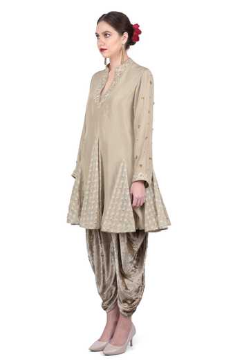 Nikasha_Green Silk, Velvet, Jamdani Dobby Mandarin Collar Embroidered Kurta Dhoti Set _Online_at_Aza_Fashions